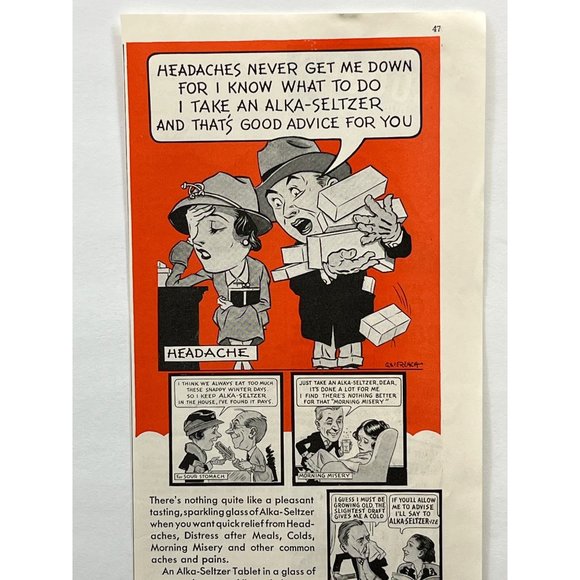 Alka Seltzer Medicine Vintage Print Ad 1938 Comic Headaches Indigestion - Picture 4 of 5